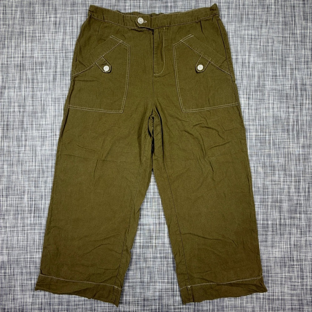 H Halston Women L Olive Green Linen Blend Cropped Wide Leg Utility Pants Pocket